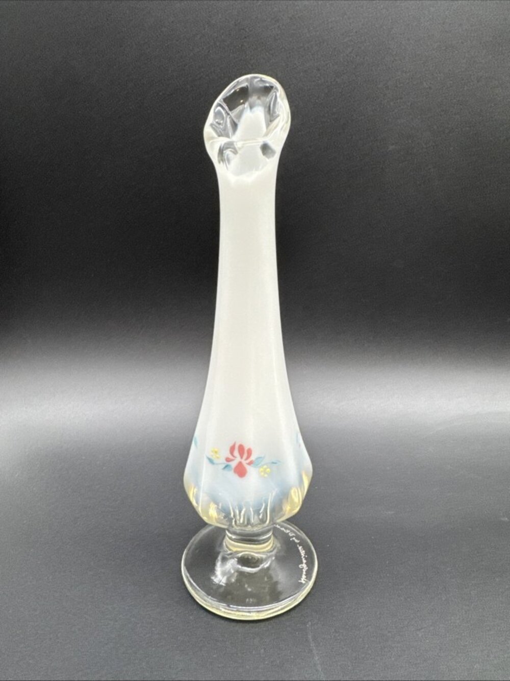 VTG Fenton Glass Opalescent Country Garden Cottage Floral Swung Bud Vase Signed